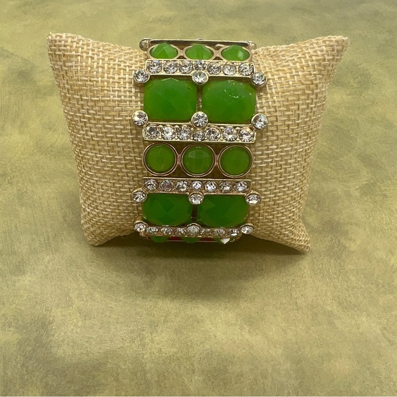 Green Enamel Stone and Clear Rhinestone Stretch Bangle - Picture 2 of 10